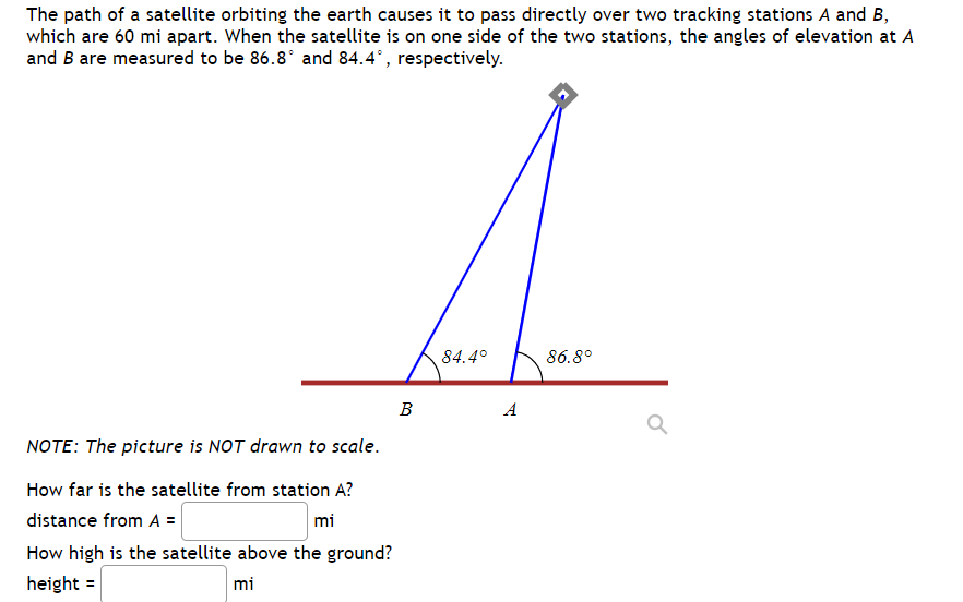 The path of a satellite orbiting the earth causes it to pass directly over two tracking stations A and B,
which are 60 mi apa