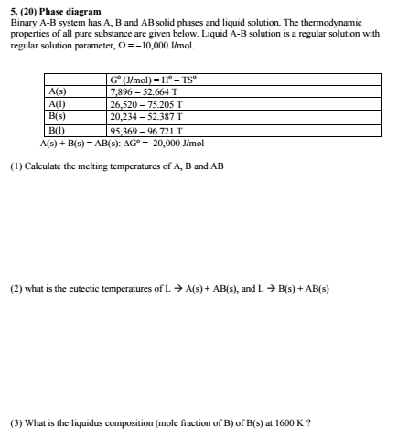 5. (20) Phase diagram Binary A-B system has A, B and | Chegg.com