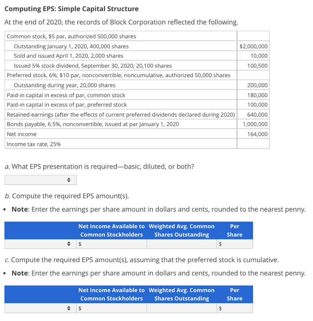 Solved Computing EPS Simple Capital Structure At the end of