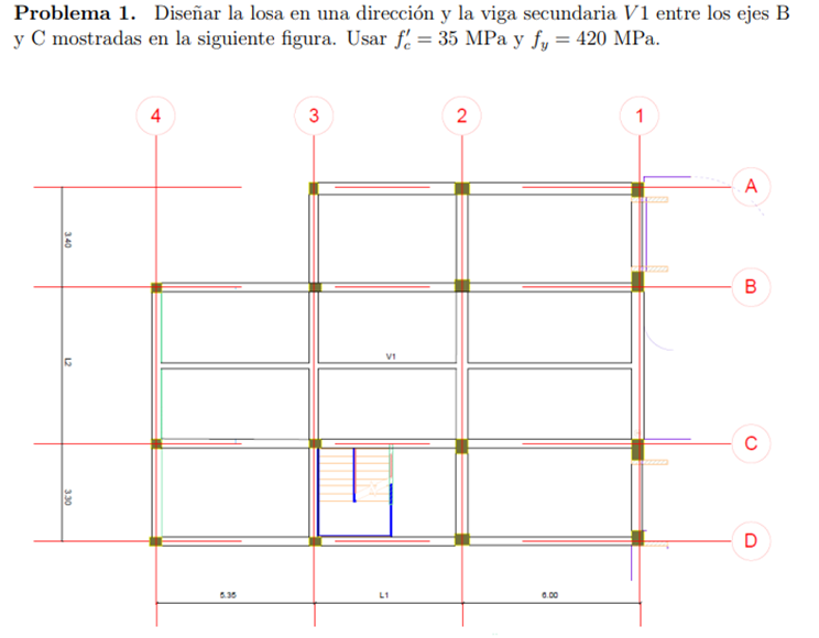 Problema 1. Diseñar la losa en una dirección y la viga secundaria \( V 1 \) entre los ejes B y C mostradas en la siguiente fi