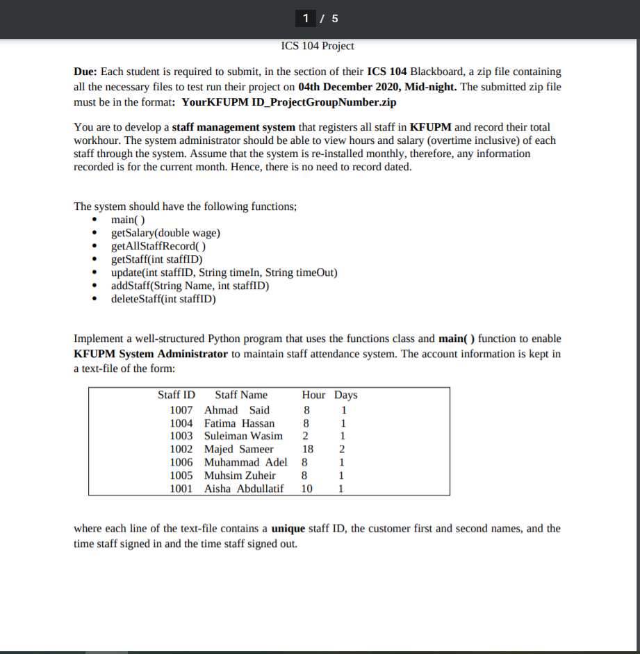 Solved 1 / 5 ICS 104 Project Due: Each student is required | Chegg.com