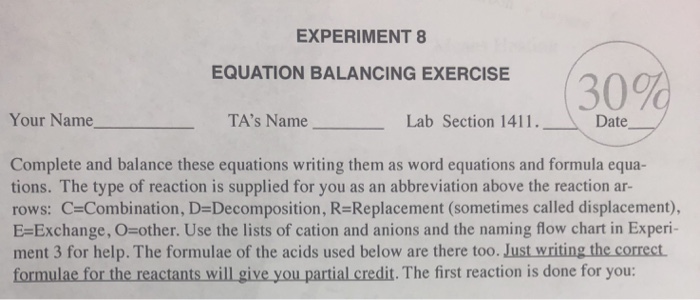 Solved EXPERIMENT 8 EQUATION BALANCING EXERCISE 30% Your | Chegg.com