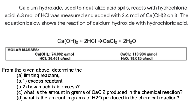 Solved Calcium Hydroxide Used To Neutralize Acid Spills