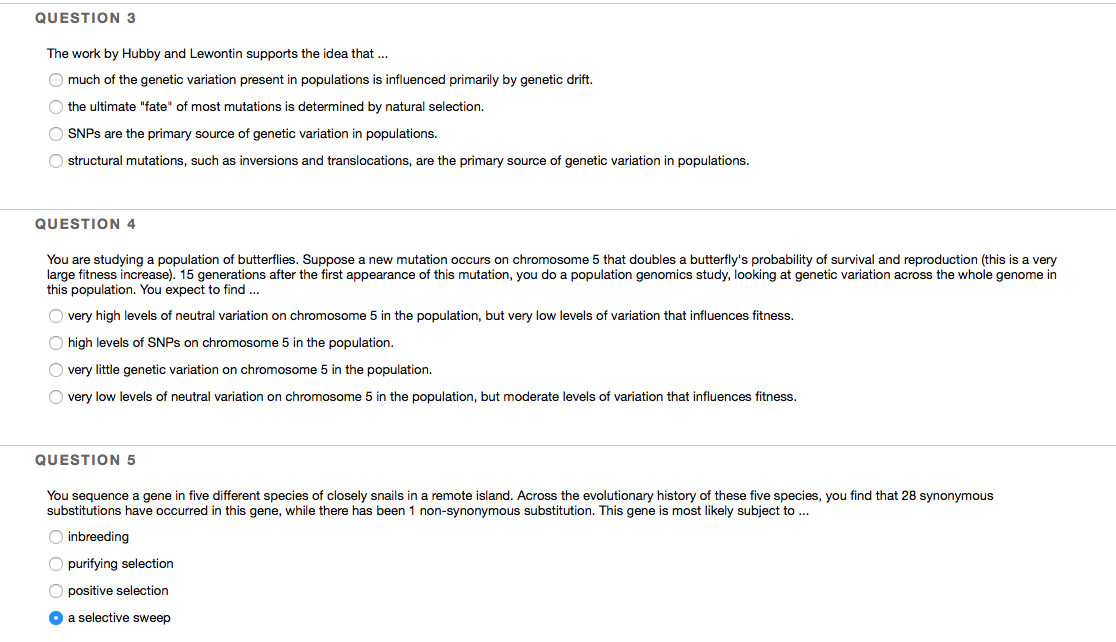 Solved QUESTION 3 The work by Hubby and Lewontin supports | Chegg.com