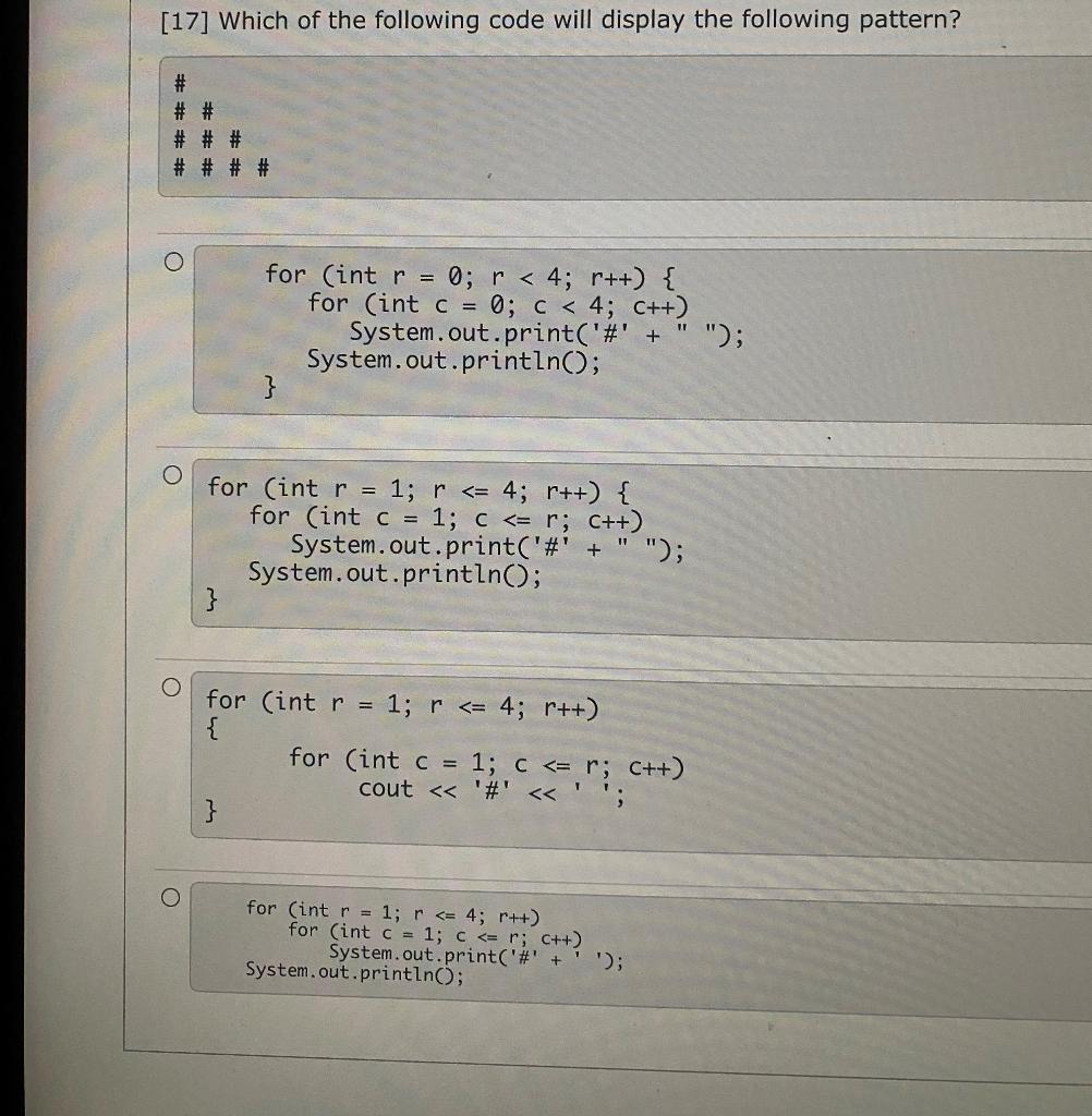 Solved [17] Which of the following code will display the | Chegg.com