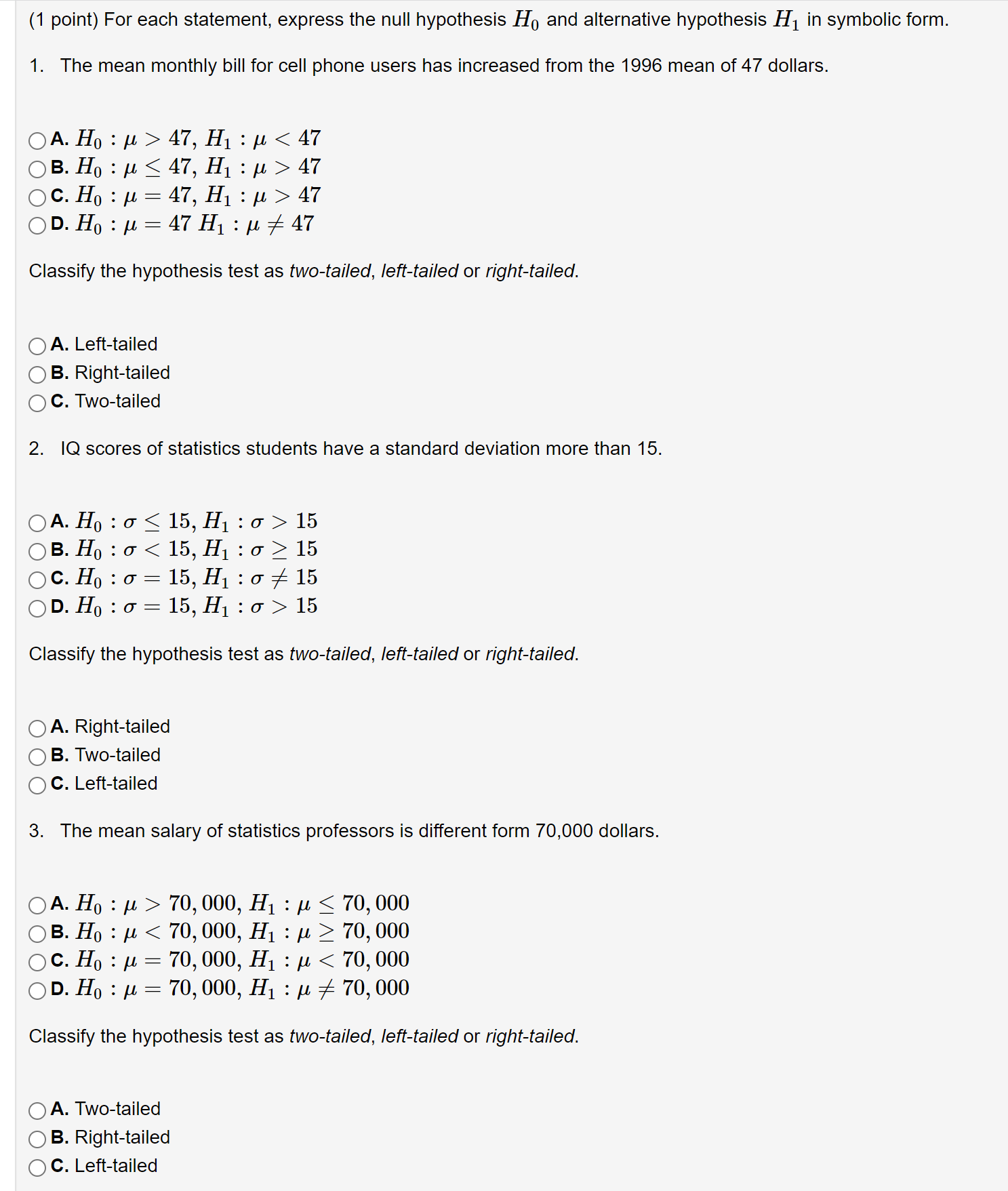 Solved (1 point) For each statement, express the null | Chegg.com