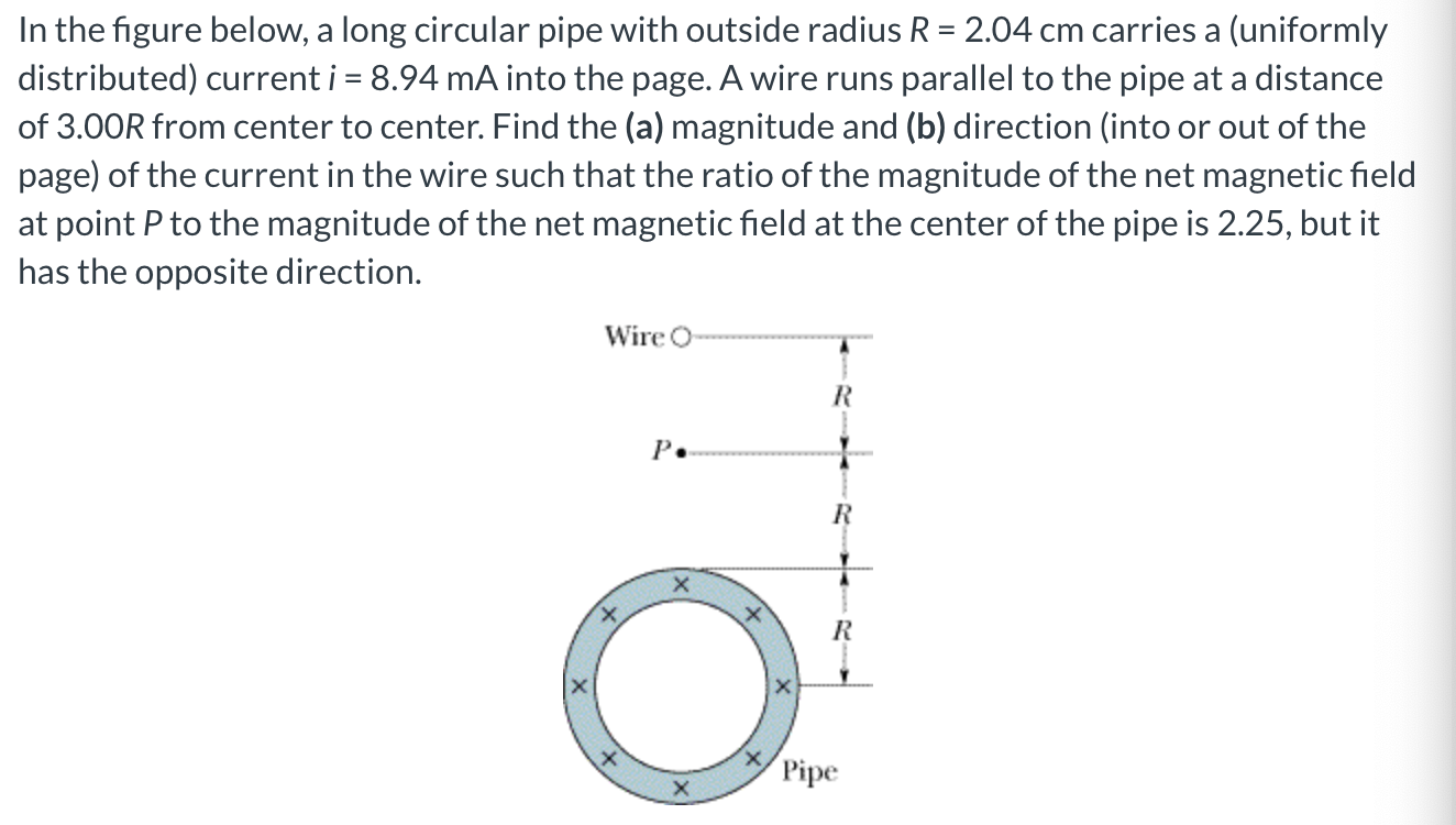 In the figure below, a long circular pipe with outside radius \( R=2.04 \mathrm{~cm} \) carries a (uniformly distributed) cur