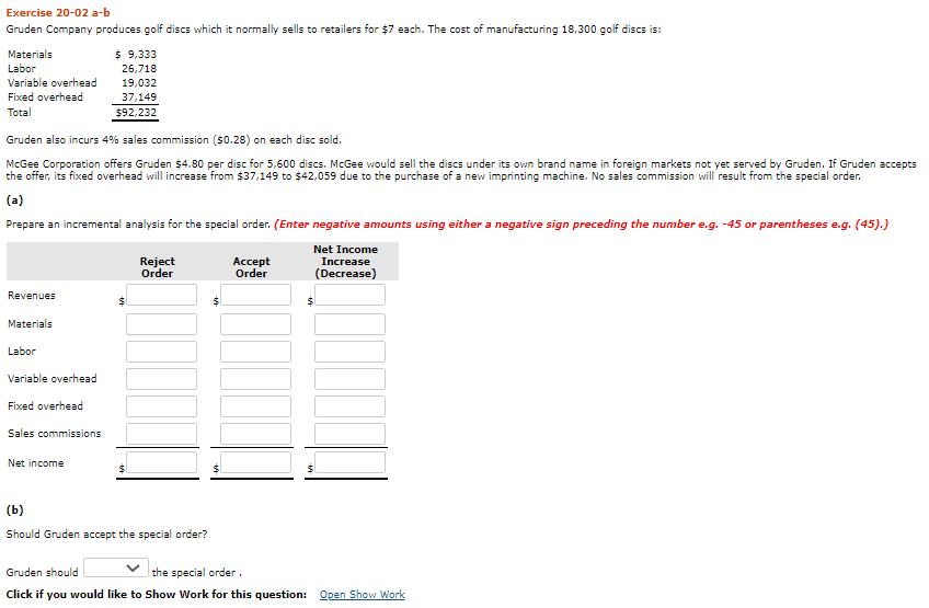 Solved Exercise 20-02 A-b Gruden Company Produces Golf Discs | Chegg.com
