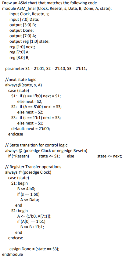 Draw an ASM chart that matches the following code | Chegg.com