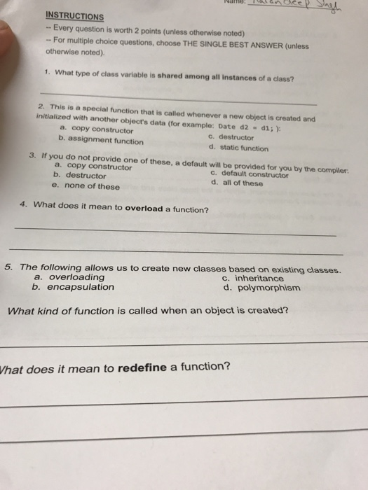 Solved INSTRUCTIONS Every question is worth 2 points (unless | Chegg.com