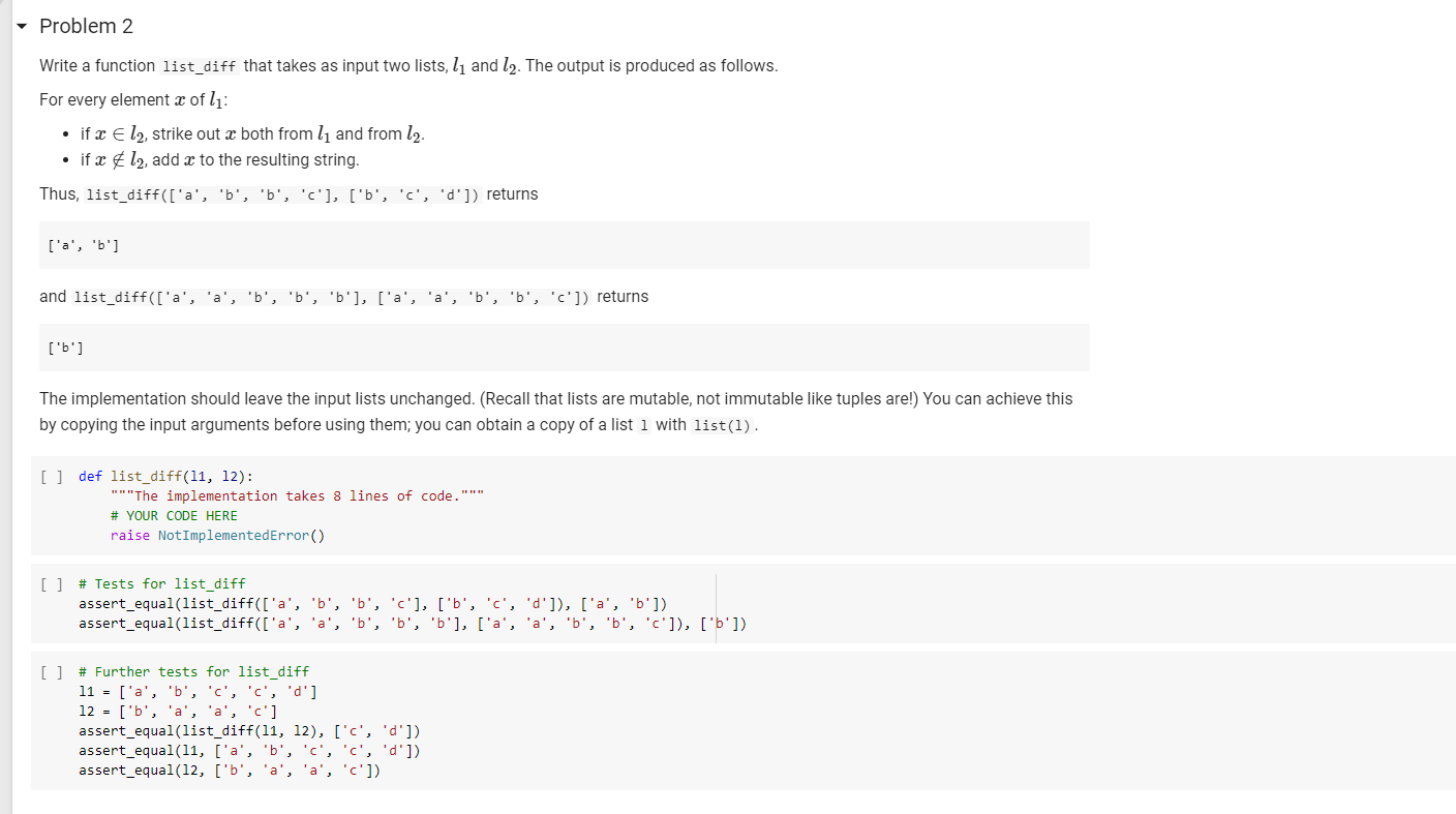 Solved Problem 2 Write A Function List_diff That Takes As | Chegg.com