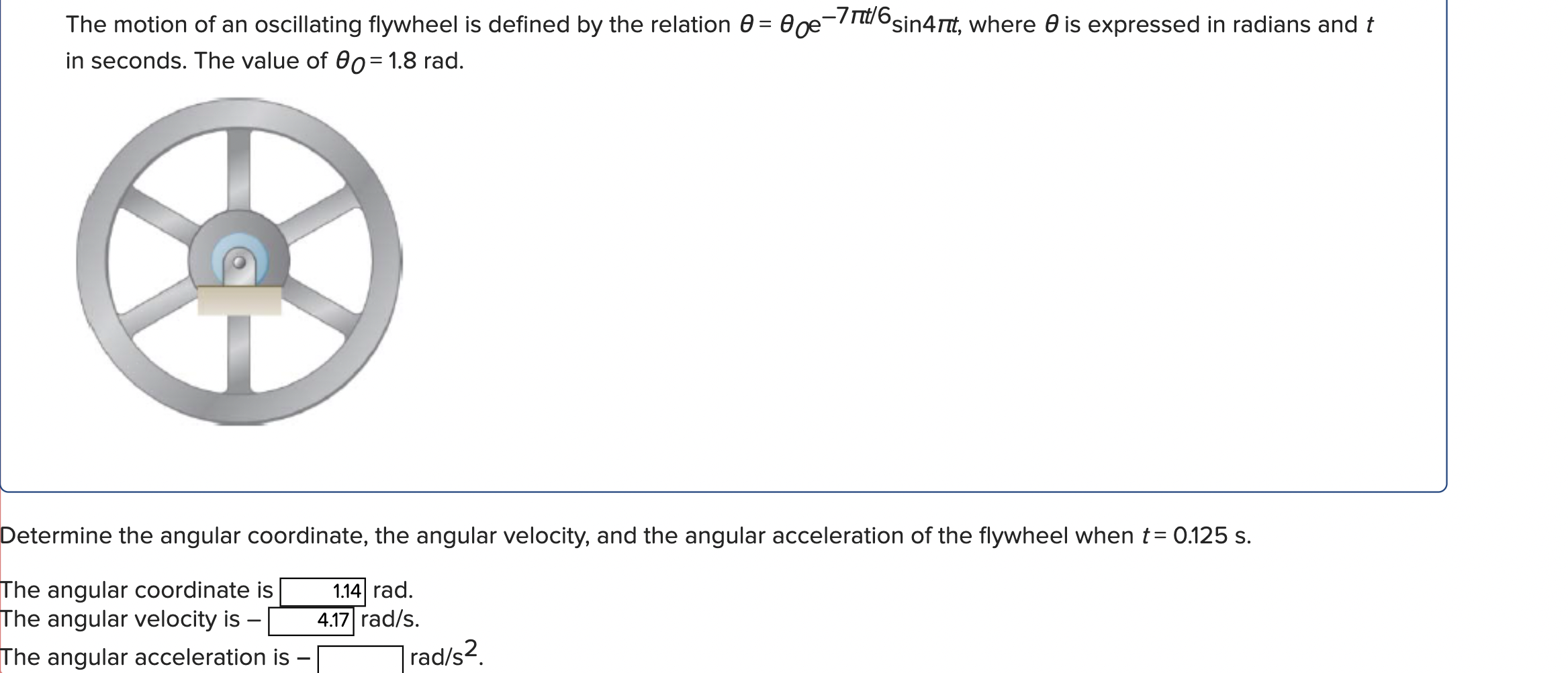 Solved The motion of an oscillating flywheel is defined by