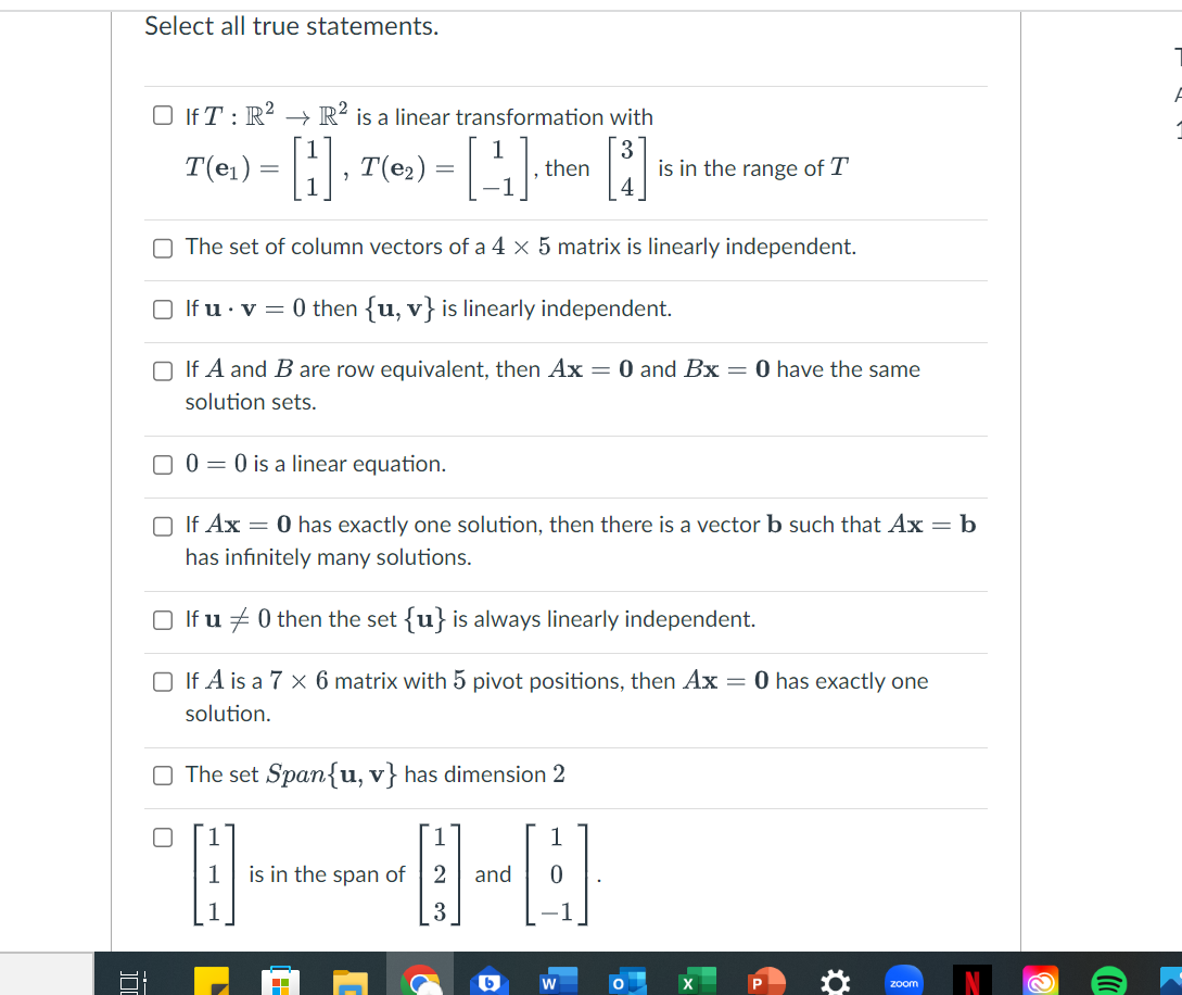 Solved Select all true statements. If T:R2→R2 is a linear | Chegg.com