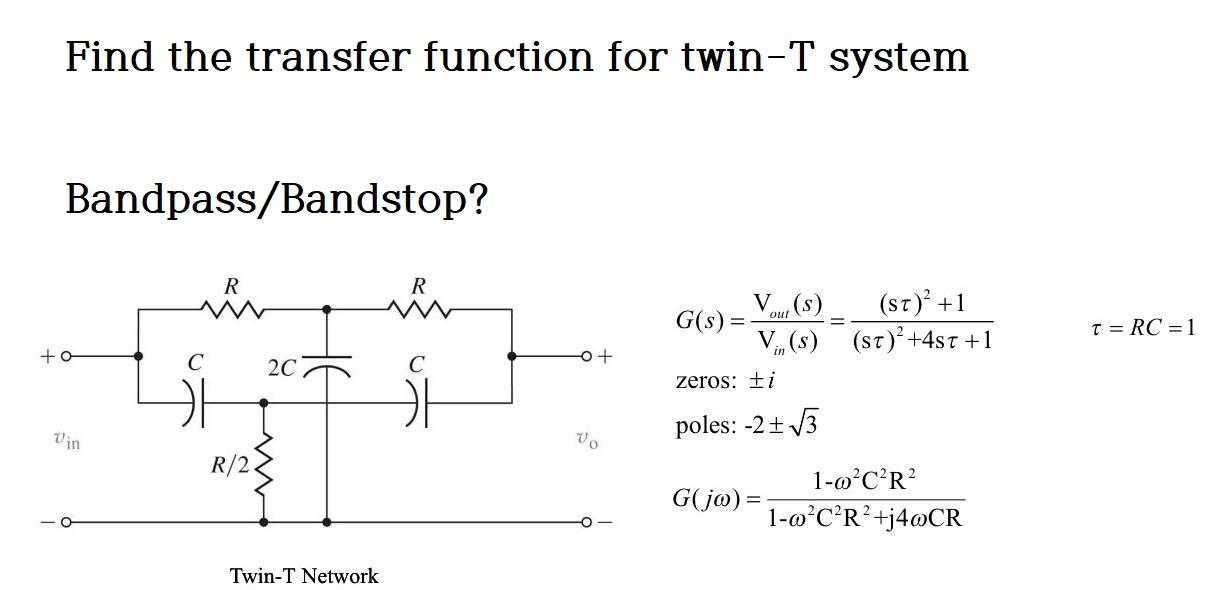 Solved Find the transfer function for twin-T system | Chegg.com