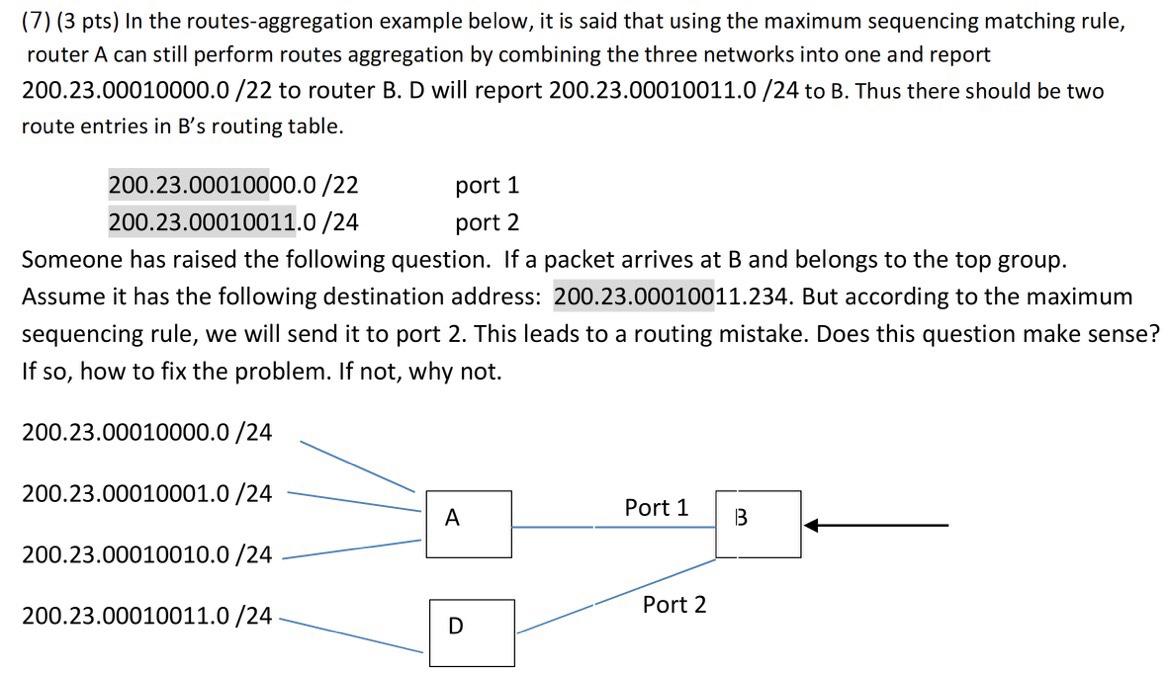 Solved (7) (3 pts) In the routes-aggregation example below, | Chegg.com