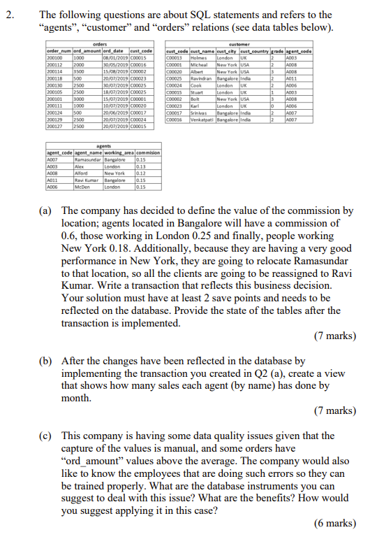 Solved 2. The following questions are about SQL statements | Chegg.com