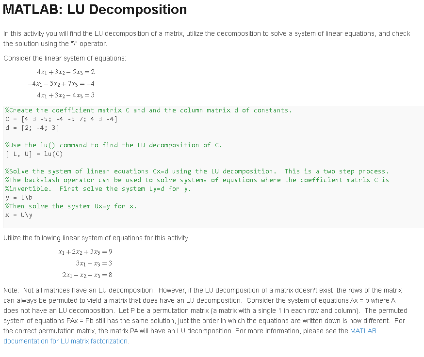 Solved In this activity you will find the LU decomposition | Chegg.com