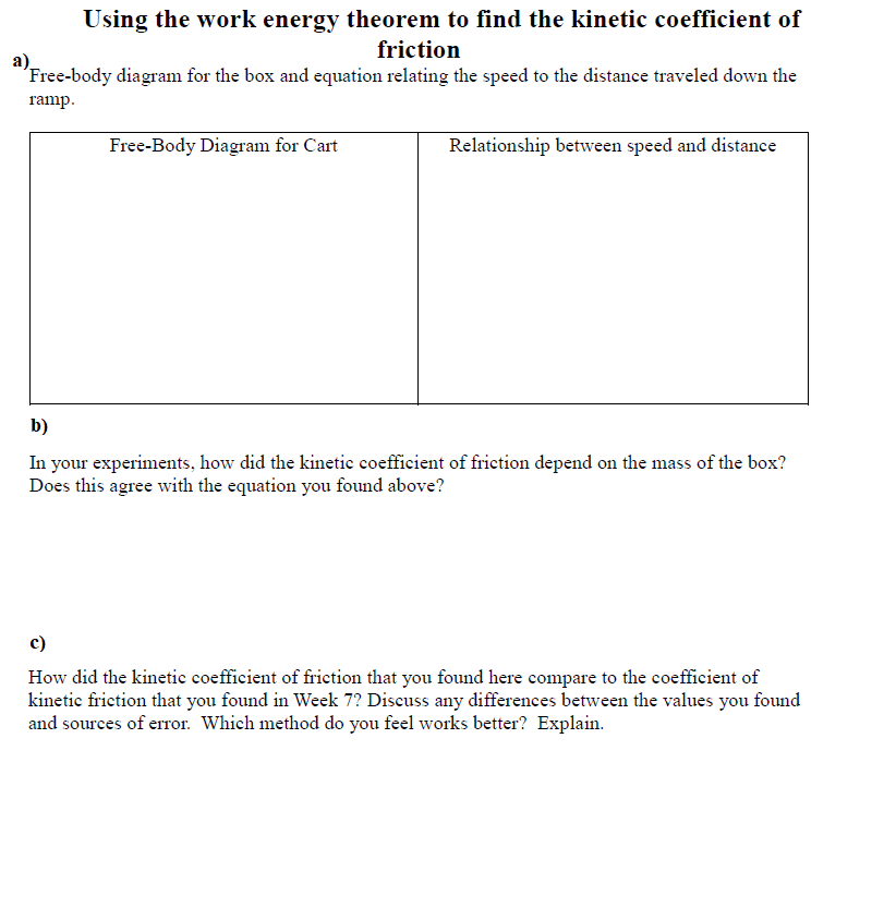 Using the work energy theorem to find the kinetic coefficient of
friction
Free-body diagram for the box and equation relating