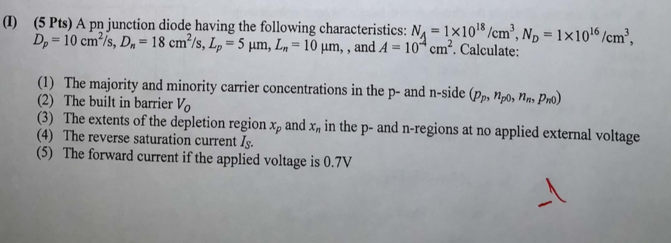 Solved (1) (5 Pts) A pŋ junction diode having the following | Chegg.com