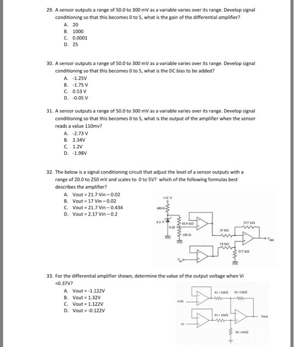 Solved 29. A sensor outputs a range of 50.0 to 300 mV as a | Chegg.com