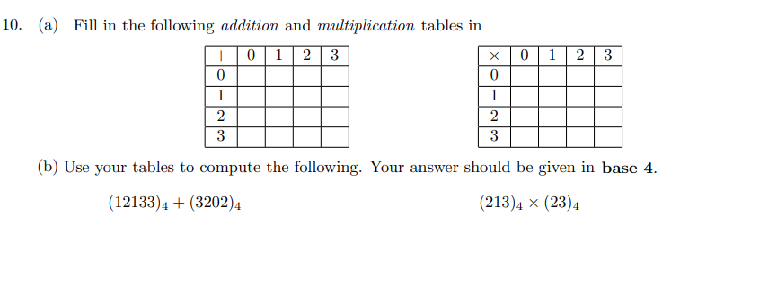 Solved 10. (a) 0 1 | 2 3 3 Fill in the following addition | Chegg.com