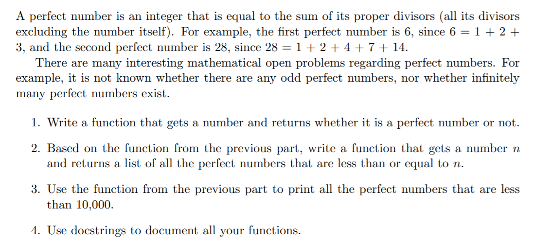 Solved A perfect number is an integer that is equal to the | Chegg.com