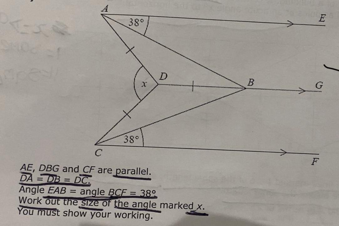 Solved AE,DBG and CF are parallel. DA=DB=DC Angle EAB= angle | Chegg.com