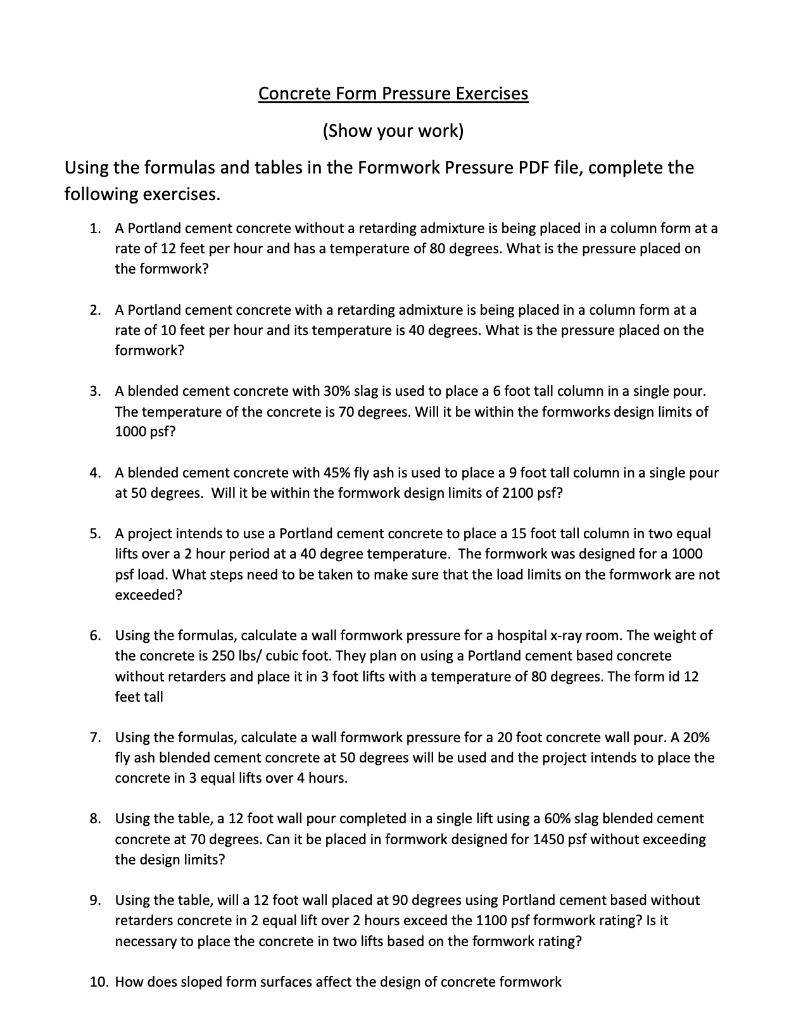 Solved Concrete Form Pressure Exercises (Show your work)