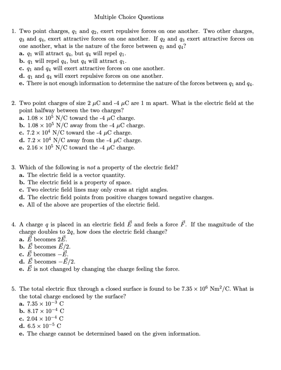 Solved: Multiple Choice Questions 1. Two Point Charges, 91... | Chegg.com