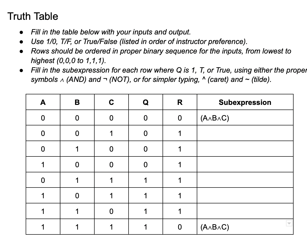 Solved Truth Table Fill in the table below with your | Chegg.com