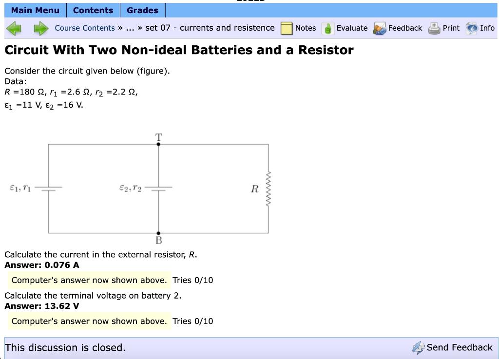 Solved Circuit With Two Nonideal Batteries and a Resistor