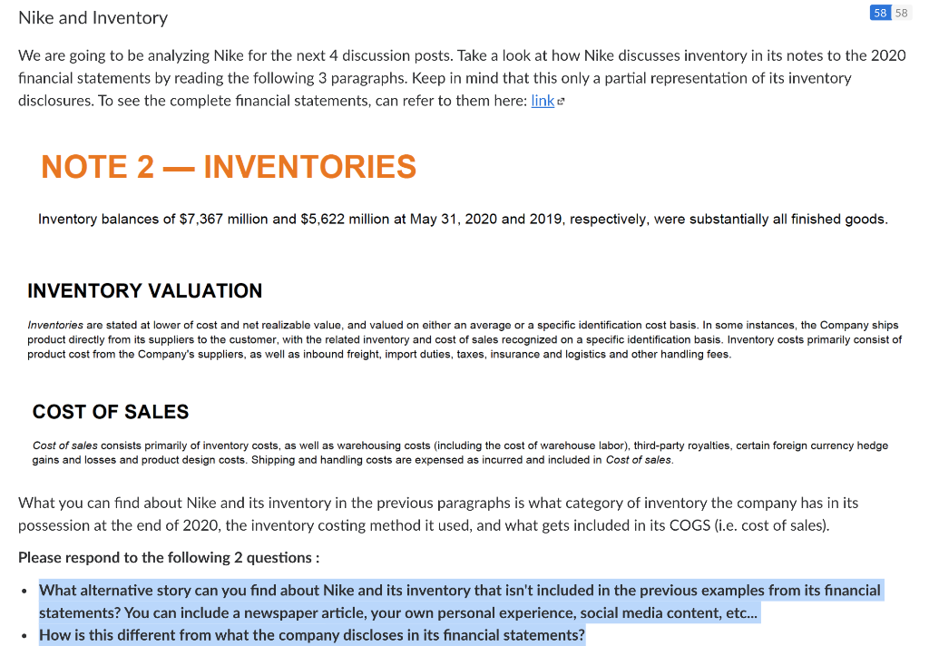 Solved Nike and Inventory 58 58 We are going to be analyzing