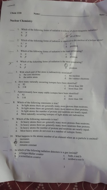 Solved Chem 1330 Name Dater Nuclear Chemistry 1. Which of | Chegg.com