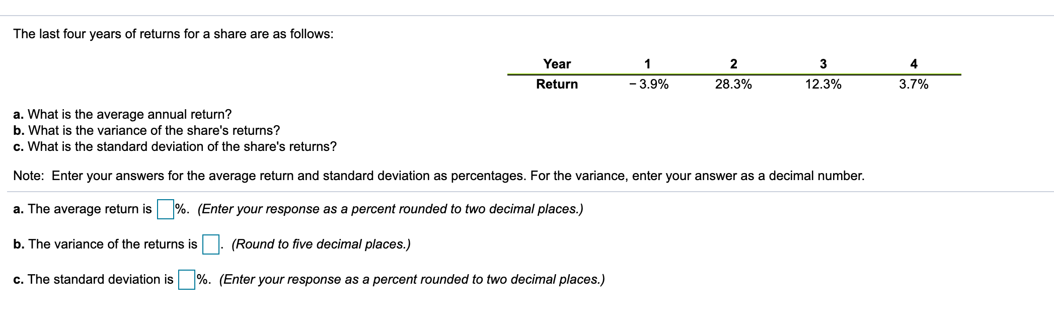 Solved The last four years of returns for a share are as | Chegg.com
