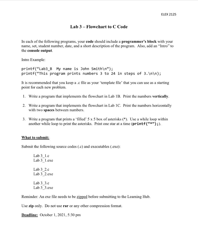 Solved ELEX 2125 Lab 3 - Flowchart to C Code In each of the | Chegg.com