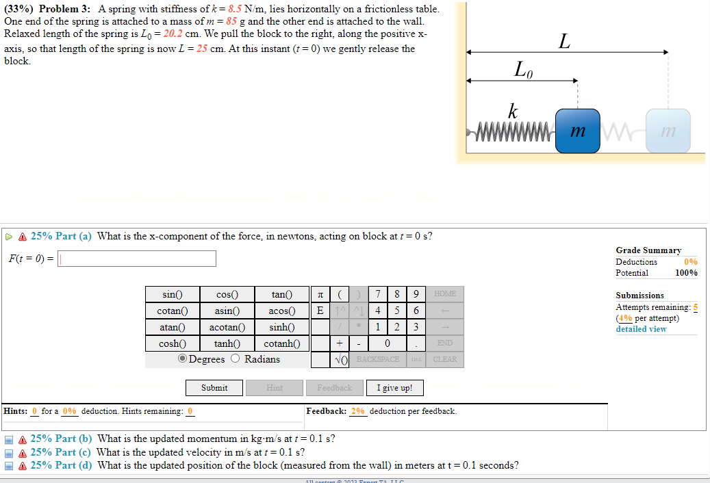 Solved (33\%) Problem 3: A spring with stiffness of k=8.5 | Chegg.com