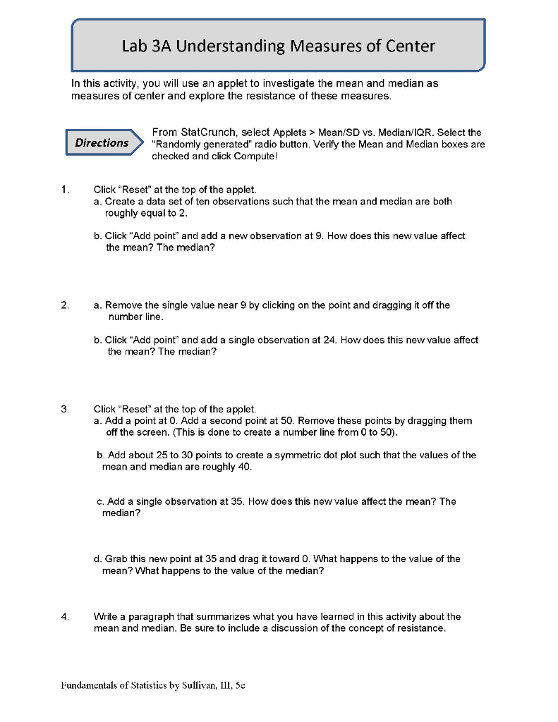 Lab 3A Understanding Measures of Center In this | Chegg.com