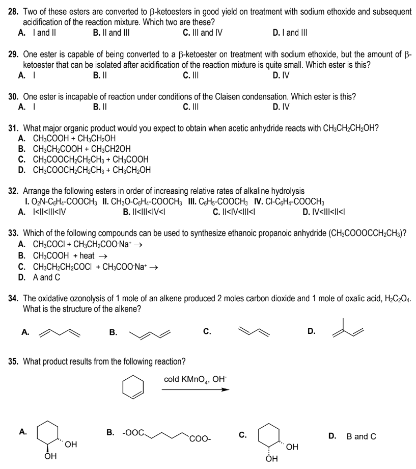 Solved 28-30. Refer to the following esters. I II28. Two of | Chegg.com