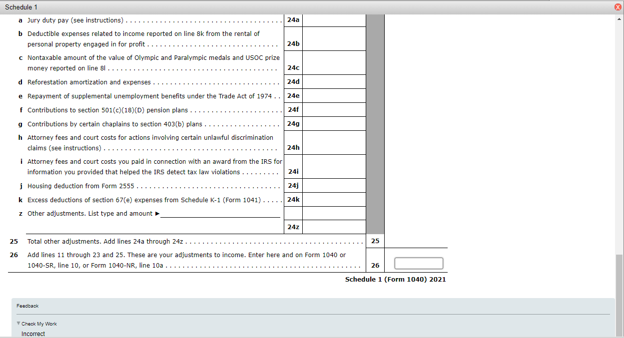 Solved schedule 1 9 total other income add lines 8 a chegg