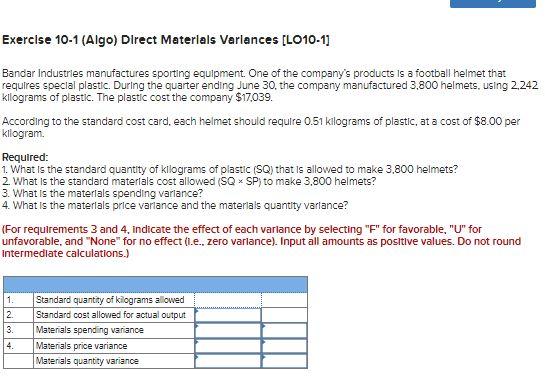 Solved Exercise 10-1 (Algo) Direct Materials Variances | Chegg.com