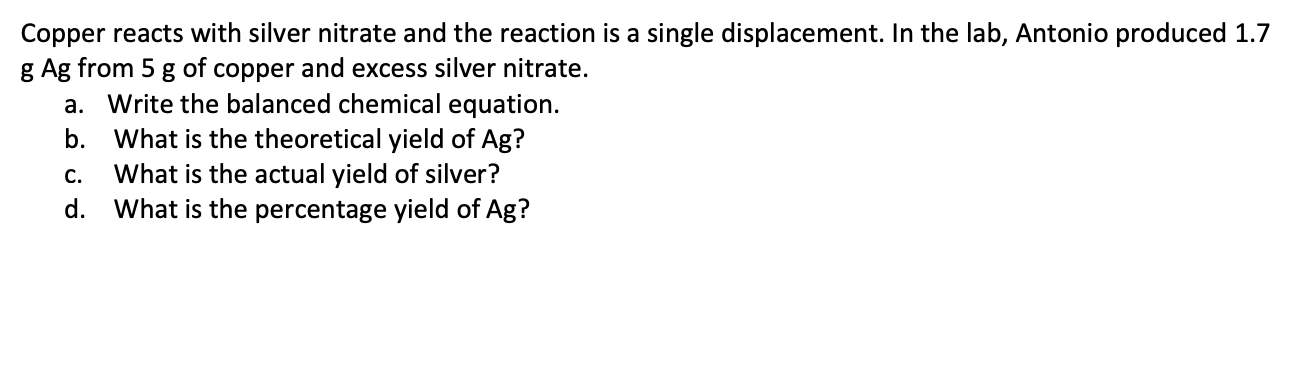 Copper reacts with silver nitrate and the reaction is | Chegg.com