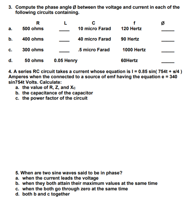 Solved 3. Compute the phase angle between the voltage and | Chegg.com