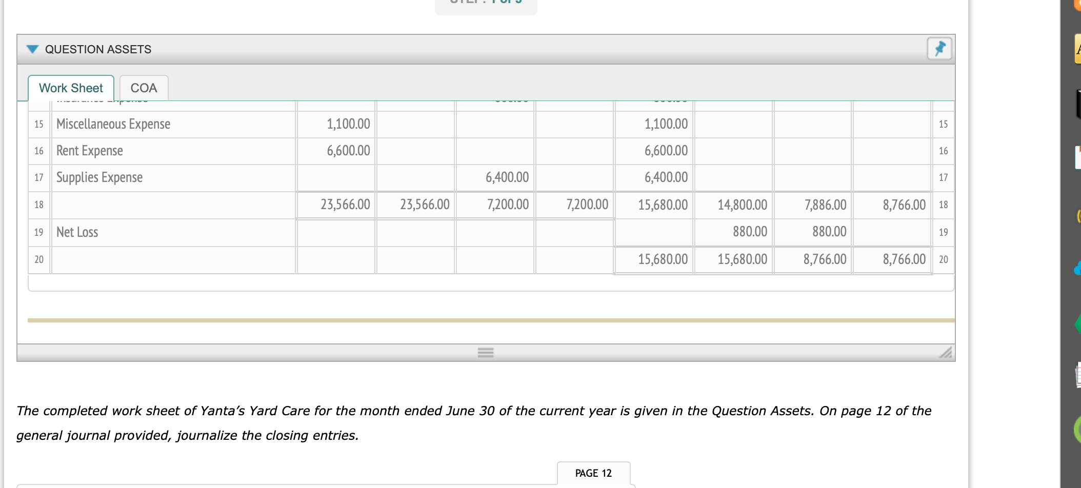 Solved The completed work sheet of Yanta&rsquo;s Yard Care for the 