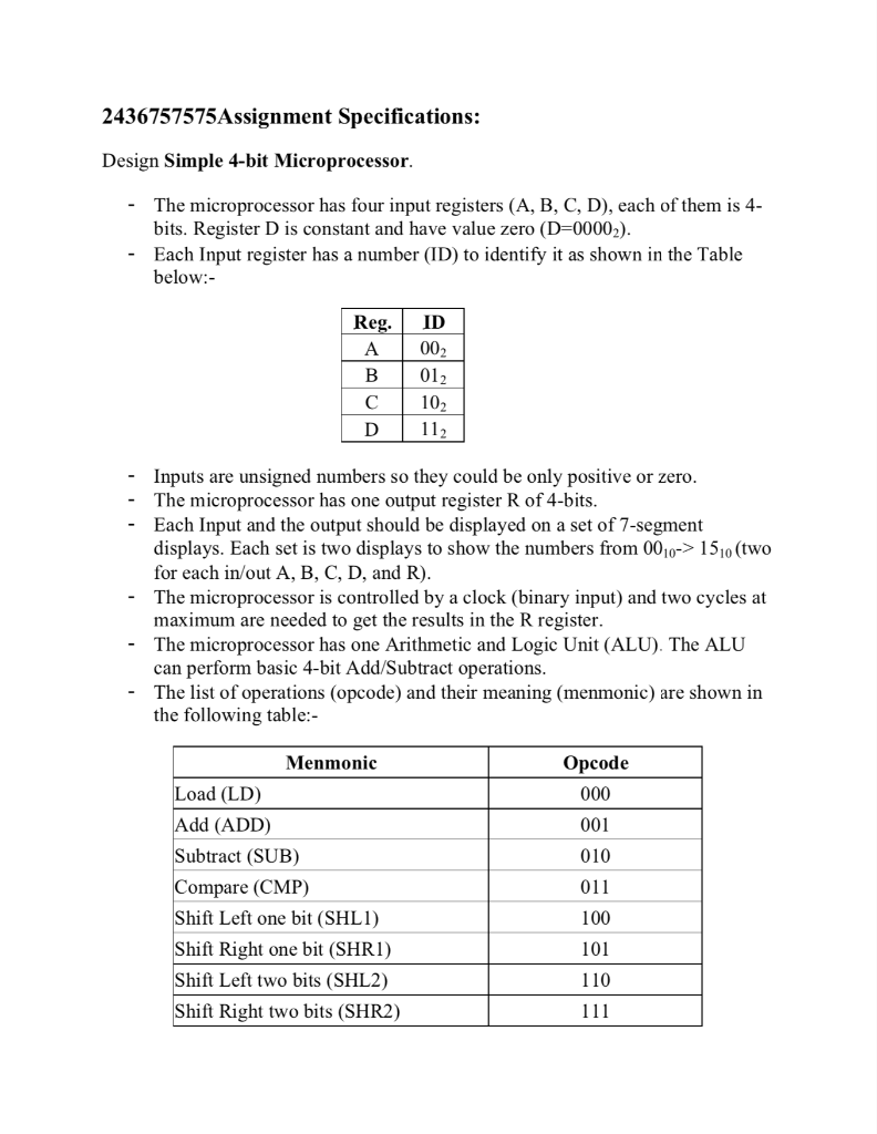 2436757575Assignment Specifications: Design Simple 4-bit Microprocessor. The microprocessor has four input registers (A, B, C