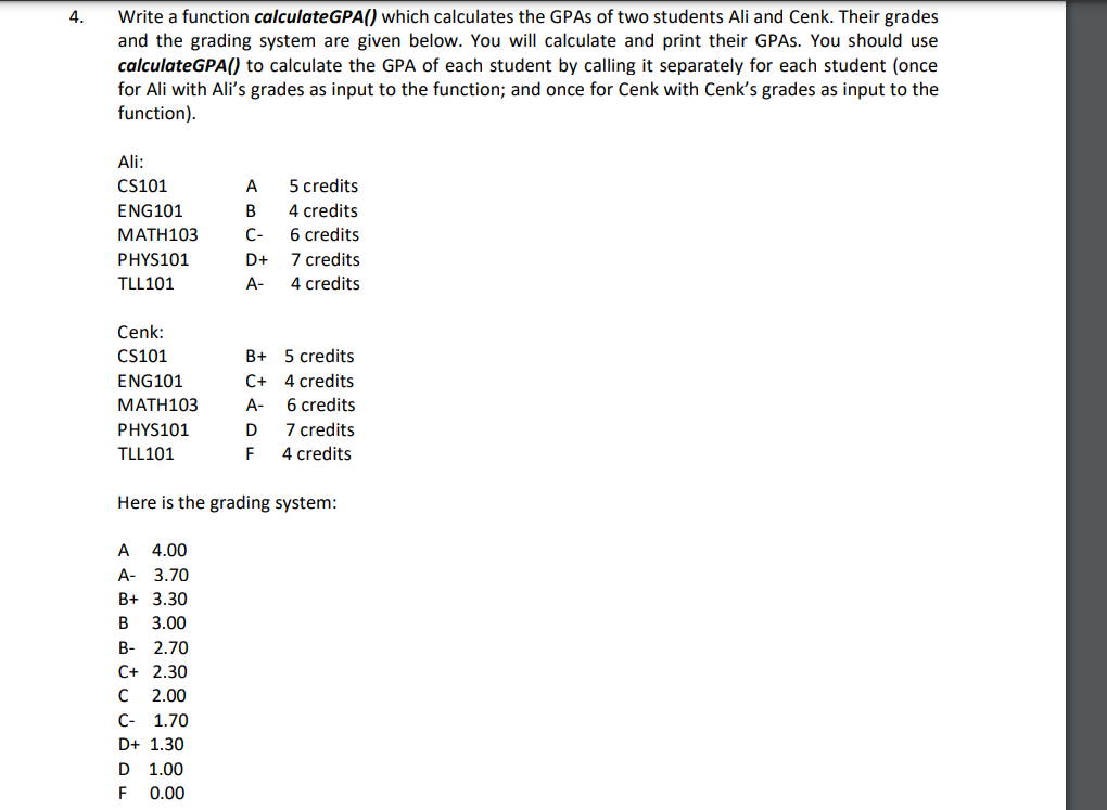 Solved 4. Write a function calculateGPA() which calculates | Chegg.com
