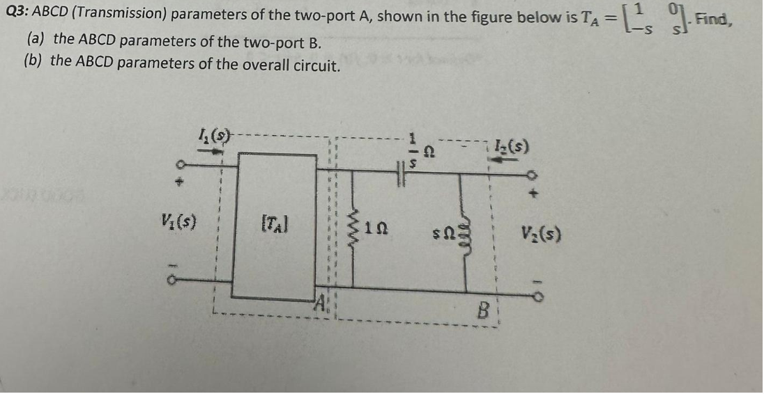 Solved Q3: ABCD (Transmission) ﻿parameters of ﻿the two-port | Chegg.com