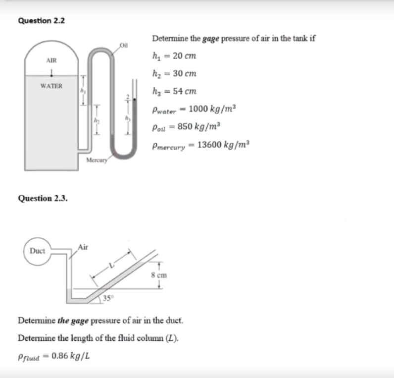 Solved Question 2.2 Determine the gage pressure of air in | Chegg.com