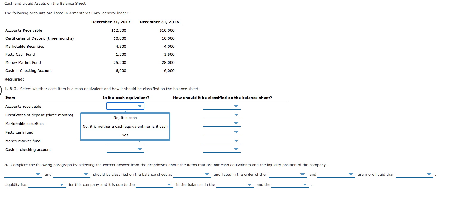 Solved Cash and Liquid Assets on the Balance Sheet The