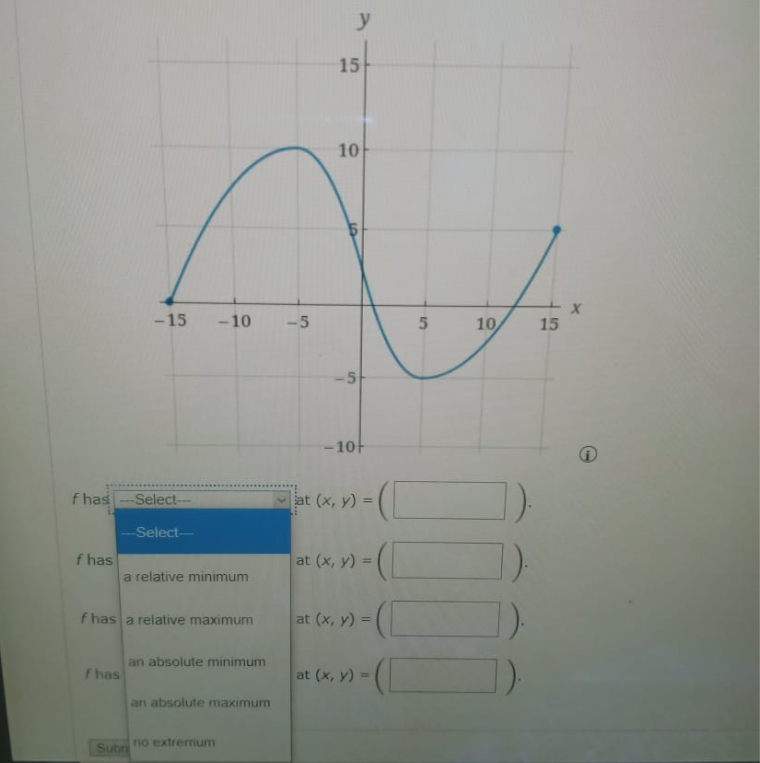 f has ---Select--
f has
-15 -10
f has
--Select--
a relative minimum
f has a relative maximum
an absolute minimum
Subri
an abs