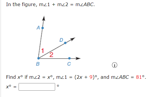 Solved In the figure, m∠1+m∠2=m∠ABC. (i) Find x∘ if | Chegg.com